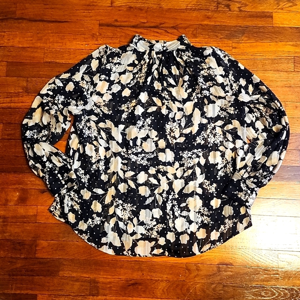H&M Black Beige Blouse Neutral Faux Pearl Floral Contemporary Party Evening 10